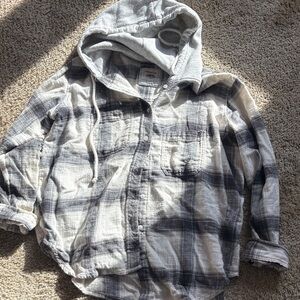 American Eagle Outfitters Hooded Plaid Shirt - black/white